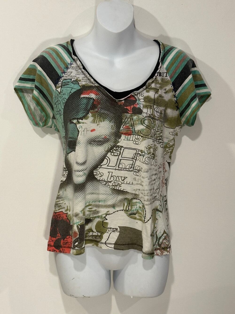 Smash! Spain Y2K Pop Art Face Graphic Striped Cap Sleeve Top Bohemian Large